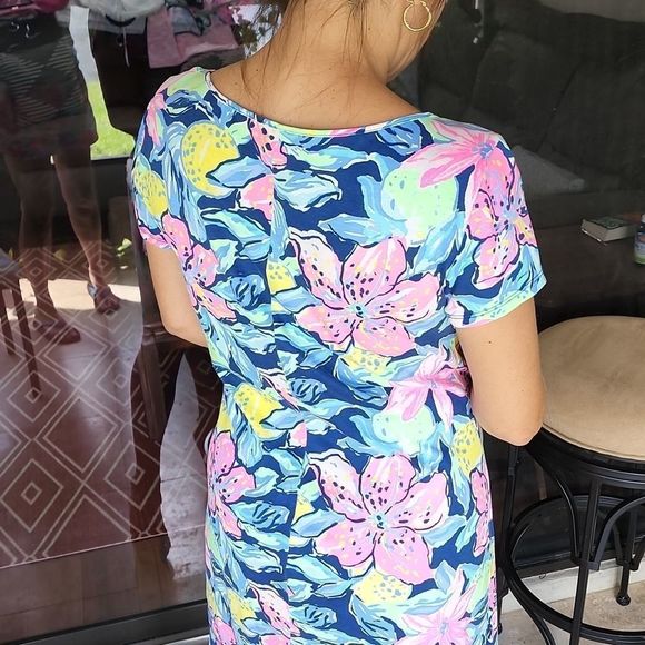 VEUC Sz M LP S/S Navy Pink Yellow Green Dress - Picture 4 of 11